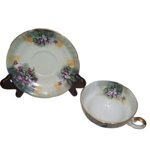 Vintage Ucagco Ceramics Footed Tea Cup & Saucer Floral Print Japan
